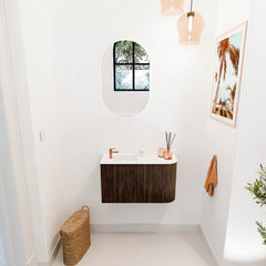 JOYA 71,6cm toiletmeubel ronding rechts kleur Walnut. Wastafel FAYE positie Links 1 kraangat kleur Talc.