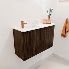 JOYA 71,6cm toiletmeubel ronding rechts kleur Walnut. Wastafel FAYE positie Links 1 kraangat kleur Talc.