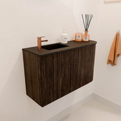 JOYA 71,6cm toiletmeubel ronding rechts kleur Walnut. Wastafel FAYE positie Links 1 kraangat kleur Urban.