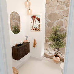 JOYA 71,6cm toiletmeubel ronding rechts kleur Walnut. Wastafel FAYE positie Links 1 kraangat kleur Urban.