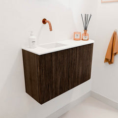 JOYA 71,6cm toiletmeubel ronding rechts kleur Walnut. Wastafel FAYE positie Links Zonder kraangat kleur Talc.