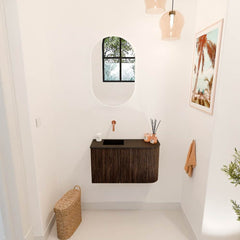 JOYA 71,6cm toiletmeubel ronding rechts kleur Walnut. Wastafel FAYE positie Links Zonder kraangat kleur Urban.