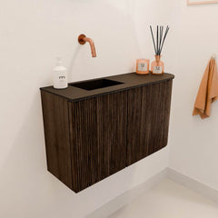 JOYA 71,6cm toiletmeubel ronding rechts kleur Walnut. Wastafel FAYE positie Links Zonder kraangat kleur Urban.