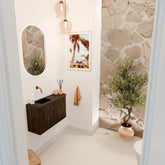 JOYA 71,6cm toiletmeubel ronding rechts kleur Walnut. Wastafel FAYE positie Links Zonder kraangat kleur Urban.