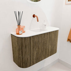 JOYA 73,2cm toiletmeubel ronding links + rechts kleur Dusk. Wastafel FAYE positie Midden Zonder kraangat kleur Talc.