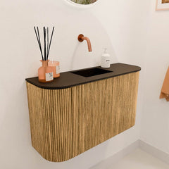 JOYA 73,2cm toiletmeubel ronding links + rechts kleur Oak. Wastafel FAYE positie Midden Zonder kraangat kleur Urban.