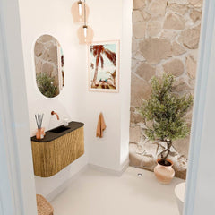 JOYA 73,2cm toiletmeubel ronding links + rechts kleur Oak. Wastafel FAYE positie Midden Zonder kraangat kleur Urban.