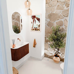 JOYA 73,2cm toiletmeubel ronding links + rechts kleur Ruby. Wastafel FAYE positie Midden Zonder kraangat kleur Talc.