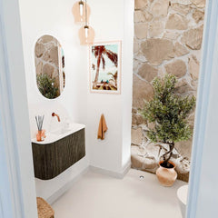 JOYA 73,2cm toiletmeubel ronding links + rechts kleur Shadow. Wastafel FAYE positie Midden Zonder kraangat kleur Talc.