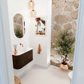 JOYA 73,2cm toiletmeubel ronding links + rechts kleur Walnut. Wastafel FAYE positie Midden Zonder kraangat kleur Talc.