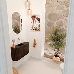 JOYA 73,2cm toiletmeubel ronding links + rechts kleur Walnut. Wastafel FAYE positie Midden Zonder kraangat kleur Urban.