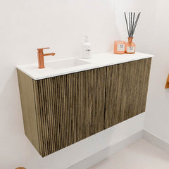 JOYA 80cm toiletmeubel kleur Dusk. Wastafel FAYE positie Links 1 kraangat kleur Talc.