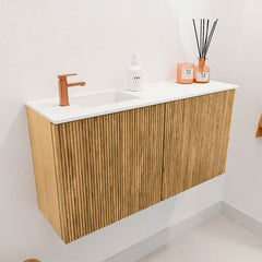 JOYA 80cm toiletmeubel kleur Oak. Wastafel FAYE positie Links 1 kraangat kleur Talc.