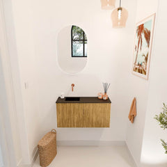 JOYA 80cm toiletmeubel kleur Oak. Wastafel FAYE positie Links Zonder kraangat kleur Urban.