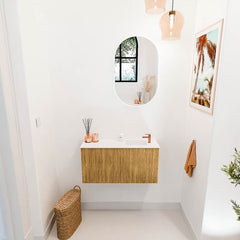 JOYA 80cm toiletmeubel kleur Oak. Wastafel FAYE positie Rechts 1 kraangat kleur Talc.