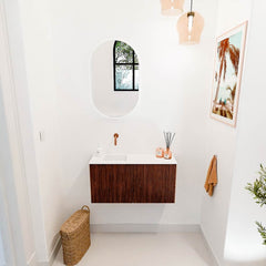 JOYA 80cm toiletmeubel kleur Walnut. Wastafel FAYE positie Rechts Zonder kraangat kleur Urban.