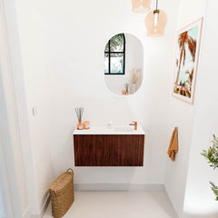 JOYA 80cm toiletmeubel kleur Ruby. Wastafel FAYE positie Rechts 1 kraangat kleur Talc.