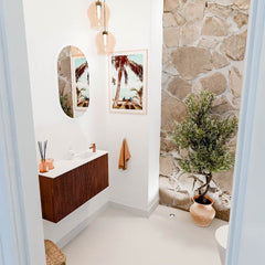 JOYA 80cm toiletmeubel kleur Ruby. Wastafel FAYE positie Rechts 1 kraangat kleur Talc.