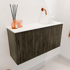 JOYA 80cm toiletmeubel kleur Shadow. Wastafel FAYE positie Rechts Zonder kraangat kleur Talc.