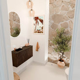 JOYA 80cm toiletmeubel kleur Walnut. Wastafel FAYE positie Links 1 kraangat kleur Urban.