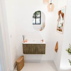 JOYA 81,6cm toiletmeubel ronding links kleur Dusk. Wastafel FAYE positie Rechts 1 kraangat kleur Talc.