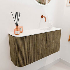 JOYA 81,6cm toiletmeubel ronding links kleur Dusk. Wastafel FAYE positie Rechts Zonder kraangat kleur Talc.