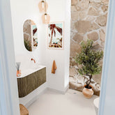 JOYA 81,6cm toiletmeubel ronding links kleur Dusk. Wastafel FAYE positie Rechts Zonder kraangat kleur Talc.