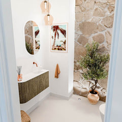 JOYA 81,6cm toiletmeubel ronding links kleur Dusk. Wastafel FAYE positie Rechts Zonder kraangat kleur Talc.