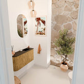 JOYA 81,6cm toiletmeubel ronding links kleur Oak. Wastafel FAYE positie Rechts 1 kraangat kleur Urban.