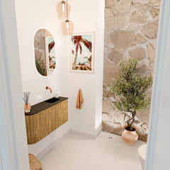 JOYA 81,6cm toiletmeubel ronding links kleur Oak. Wastafel FAYE positie Rechts Zonder kraangat kleur Urban.