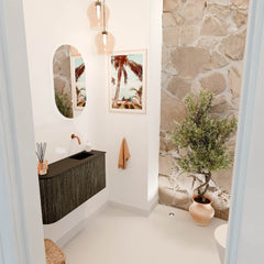 JOYA 81,6cm toiletmeubel ronding links kleur Shadow. Wastafel FAYE positie Rechts Zonder kraangat kleur Urban.