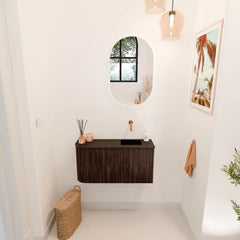 JOYA 81,6cm toiletmeubel ronding links kleur Walnut. Wastafel FAYE positie Rechts Zonder kraangat kleur Urban.