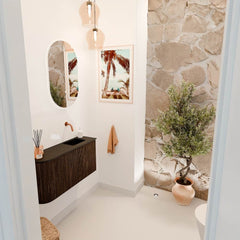 JOYA 81,6cm toiletmeubel ronding links kleur Walnut. Wastafel FAYE positie Rechts Zonder kraangat kleur Urban.