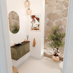 JOYA 81,6cm toiletmeubel ronding rechts kleur Dusk. Wastafel FAYE positie Links 1 kraangat kleur Urban.