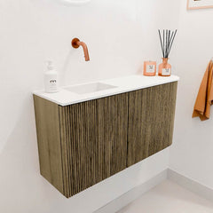 JOYA 81,6cm toiletmeubel ronding rechts kleur Dusk. Wastafel FAYE positie Links Zonder kraangat kleur Talc.