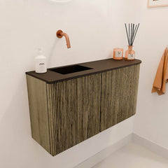 JOYA 81,6cm toiletmeubel ronding rechts kleur Dusk. Wastafel FAYE positie Links Zonder kraangat kleur Urban.