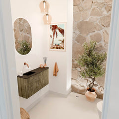 JOYA 81,6cm toiletmeubel ronding rechts kleur Dusk. Wastafel FAYE positie Links Zonder kraangat kleur Urban.