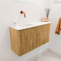 JOYA 81,6cm toiletmeubel ronding rechts kleur Oak. Wastafel FAYE positie Links Zonder kraangat kleur Talc.