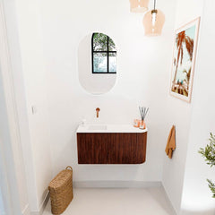 JOYA 81,6cm toiletmeubel ronding rechts kleur Ruby. Wastafel FAYE positie Links Zonder kraangat kleur Talc.