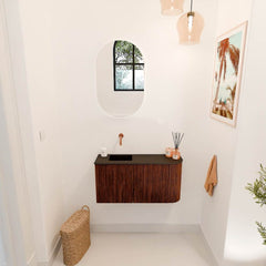 JOYA 81,6cm toiletmeubel ronding rechts kleur Ruby. Wastafel FAYE positie Links Zonder kraangat kleur Urban.