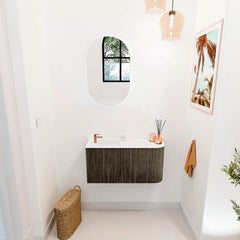 JOYA 81,6cm toiletmeubel ronding rechts kleur Shadow. Wastafel FAYE positie Links 1 kraangat kleur Talc.