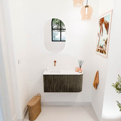 JOYA 81,6cm toiletmeubel ronding rechts kleur Shadow. Wastafel FAYE positie Links Zonder kraangat kleur Talc.