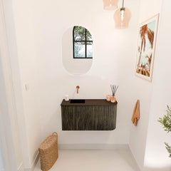 JOYA 81,6cm toiletmeubel ronding rechts kleur Shadow. Wastafel FAYE positie Links Zonder kraangat kleur Urban.