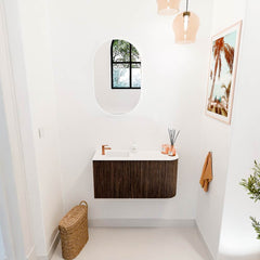 JOYA 81,6cm toiletmeubel ronding rechts kleur Walnut. Wastafel FAYE positie Links 1 kraangat kleur Talc.