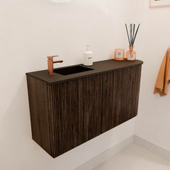 JOYA 81,6cm toiletmeubel ronding rechts kleur Walnut. Wastafel FAYE positie Links 1 kraangat kleur Urban.