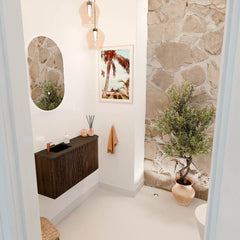 JOYA 81,6cm toiletmeubel ronding rechts kleur Walnut. Wastafel FAYE positie Links 1 kraangat kleur Urban.