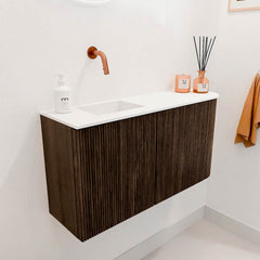 JOYA 81,6cm toiletmeubel ronding rechts kleur Walnut. Wastafel FAYE positie Links Zonder kraangat kleur Talc.