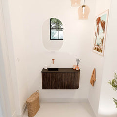 JOYA 81,6cm toiletmeubel ronding rechts kleur Walnut. Wastafel FAYE positie Links Zonder kraangat kleur Urban.