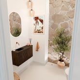 JOYA 81,6cm toiletmeubel ronding rechts kleur Walnut. Wastafel FAYE positie Links Zonder kraangat kleur Urban.