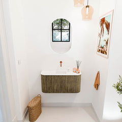 JOYA 83,2cm toiletmeubel ronding links + rechts kleur Dusk. Wastafel FAYE positie Midden Zonder kraangat kleur Talc.